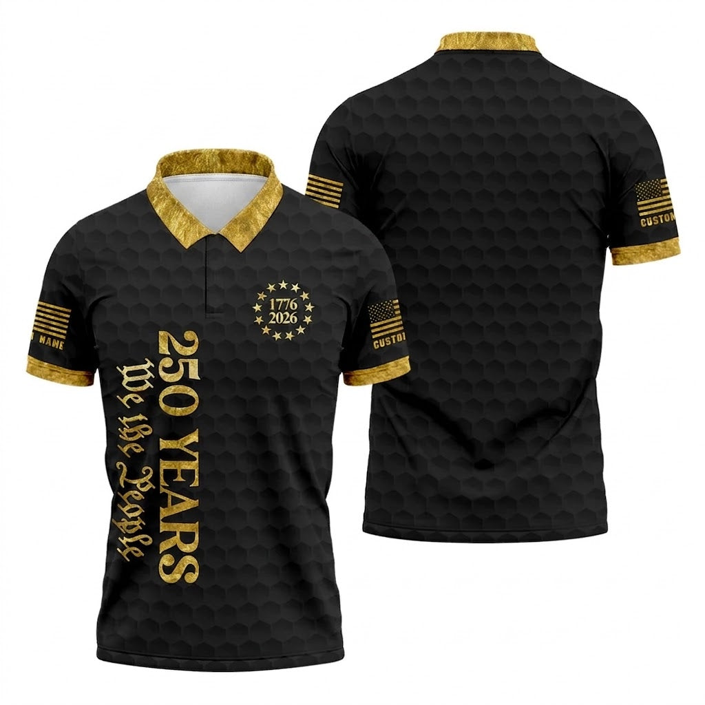 We The People 250 Years Gold Textured Patriotic Golf Shirt, 4th Of July Golf Shirts For Men