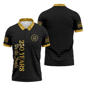 We The People 250 Years Gold Textured Patriotic Golf Shirt, 4th Of July Golf Shirts For Men