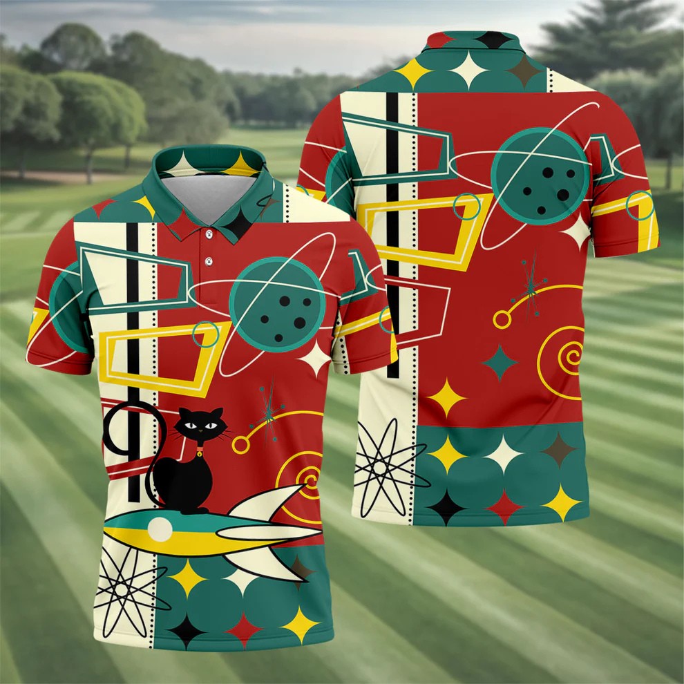 Geometric Abstraction Atomic Cat Hawaiian Golf Shirt, Retro Golf Shirt, Polo Shirts For Men