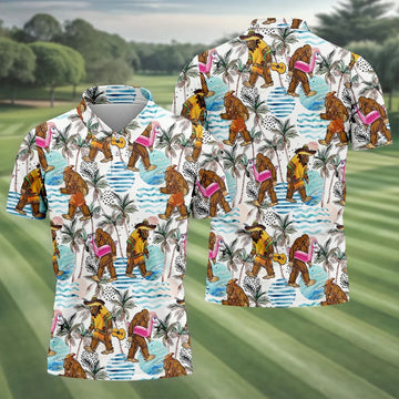 Bigfoot With Flamingo Float And Guitar Tropical Pattern Hawaiian Golf Polo, Golf Gift For Men, Golfing Apparel