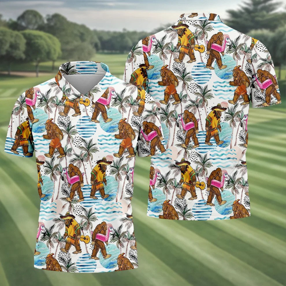 Bigfoot With Flamingo Float And Guitar Tropical Pattern Hawaiian Golf Polo, Golf Gift For Men, Golfing Apparel