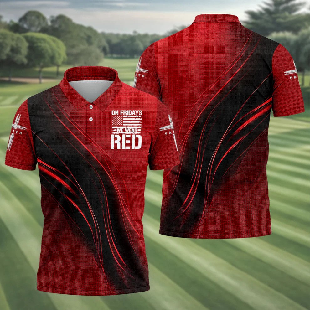 On Friday We Wear Red Faith Cross Red Black Gradient Patriotic Golf Shirt, 250 Years Polo Shirts For Men