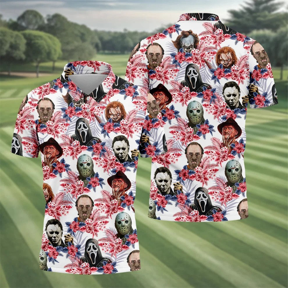 Tropical Horror Character Halloween Golf Shirt, Mens Golf Apparel, Hawaiian Golf Shirt