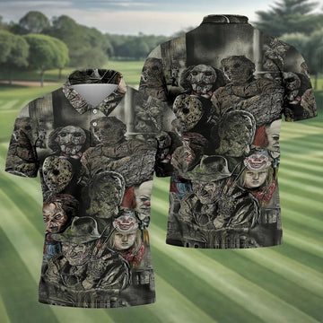 Horror Character Collage Golf Polo Shirt, Men's Golf Polo, Hawaiian Golf Shirt