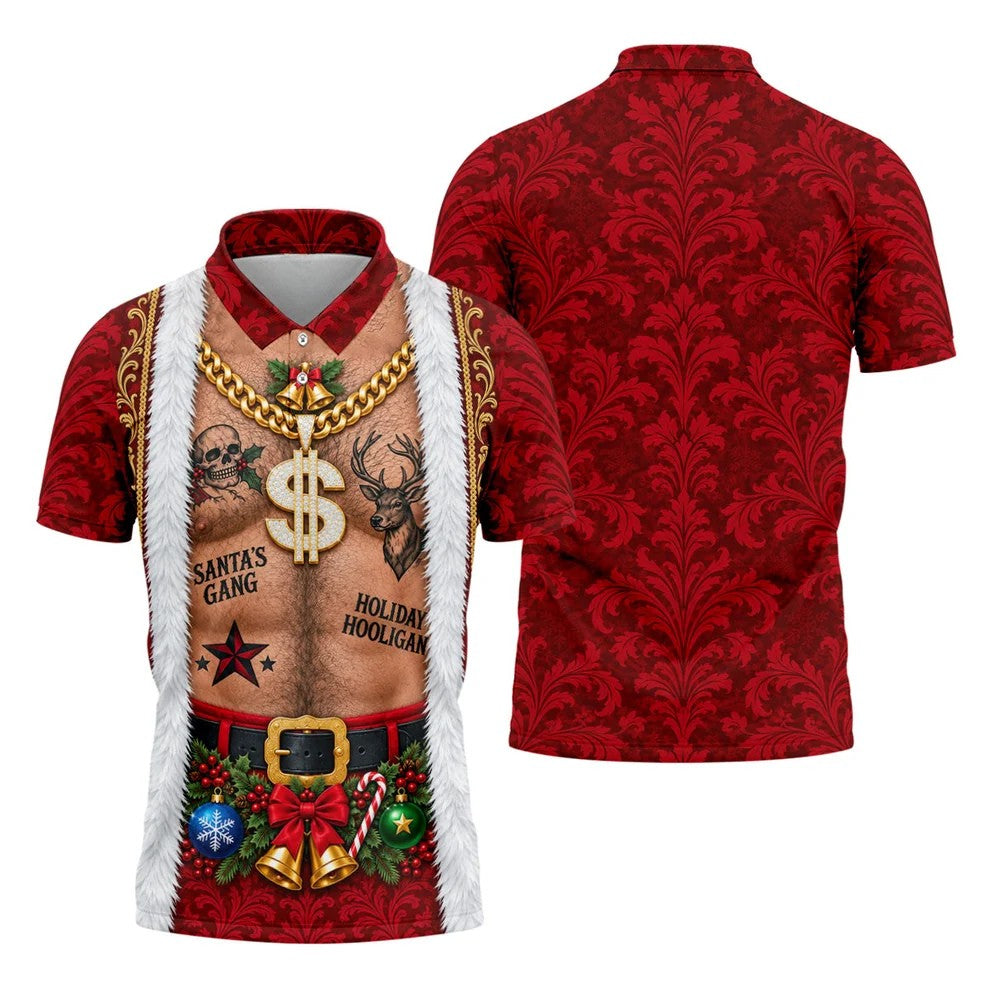 Santa's Gang Hairy Chest Christmas Golf Shirt, Mens Golf Apparel, Golf Gifts For Men