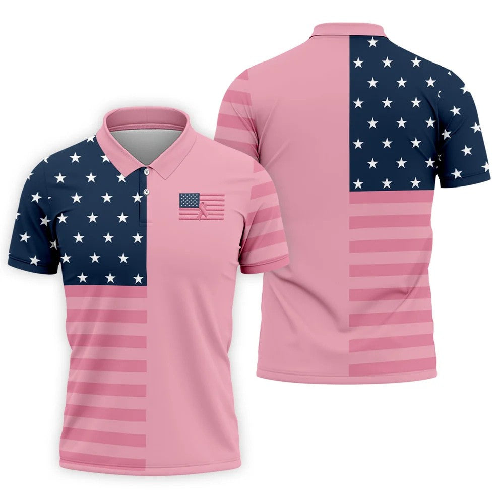 Printed Pink USA Flag Breast Cancer Polo Shirt, Polo Shirts For Men, Printed Golf Shirts