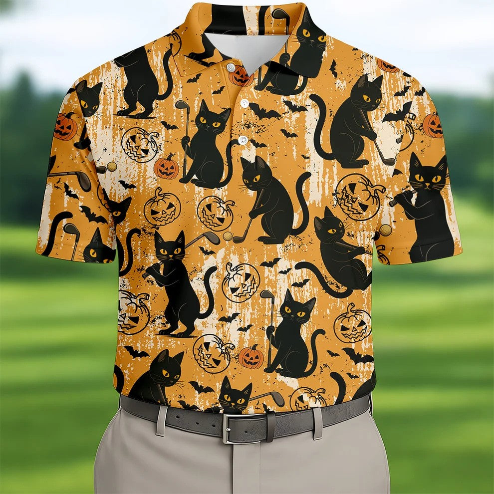 Funny Black Cat Men's Golf Polo ShirtHalloween Golf Shirt, Halloween Polo ShirtGolf Gift For Him