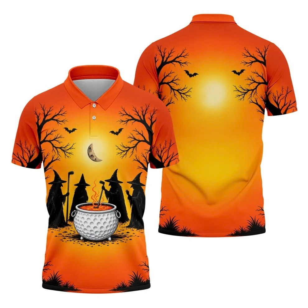 Witch Cauldron Halloween Golf Polo Shirt, Halloween Shirts For Men, Mens Golf Polo