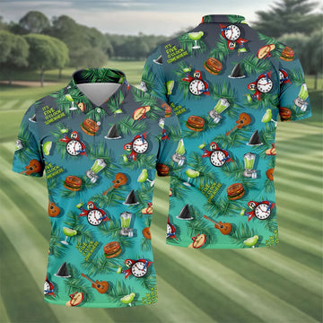 Teal Tropical Cocktail Parrot Pattern Golf Polo Shirt, Men's Golf Shirt, Golf Polo Shirts For Men