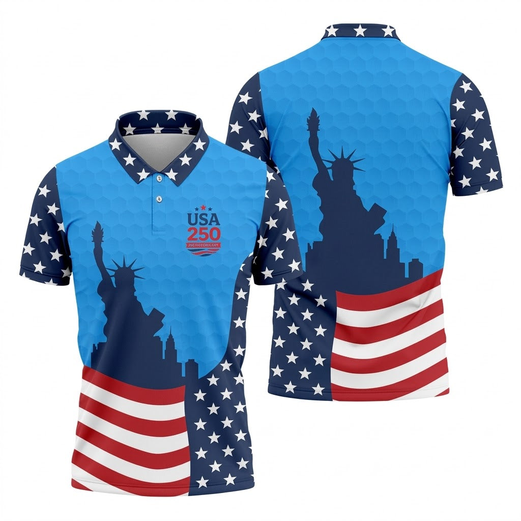 USA 250 Anniversary Statue Of Liberty Blue Golf Shirt, Patriotic Golf Shirt, 4th Of July Golf Shirts For Men