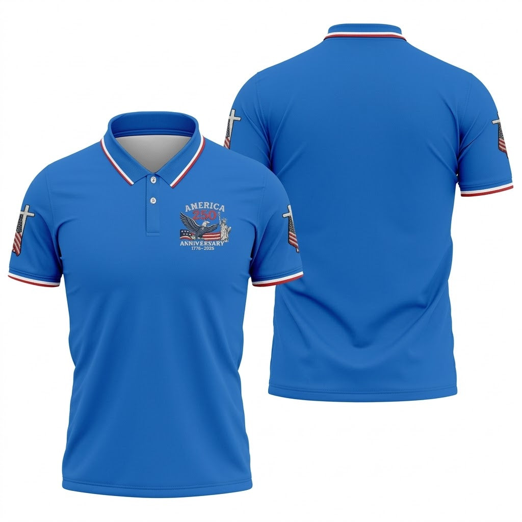 Faith Cross Bald Eagle America 250 Anniversary Blue Patriotic Golf Shirt, Golf Shirts For Men