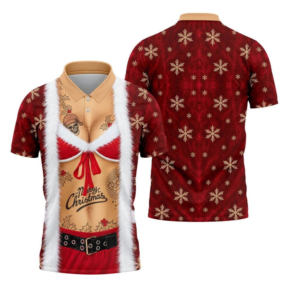 Merry Bikini Tattoo Santa Christmas Golf Shirt, Mens Golf Shirts, Mens Golf Apparel