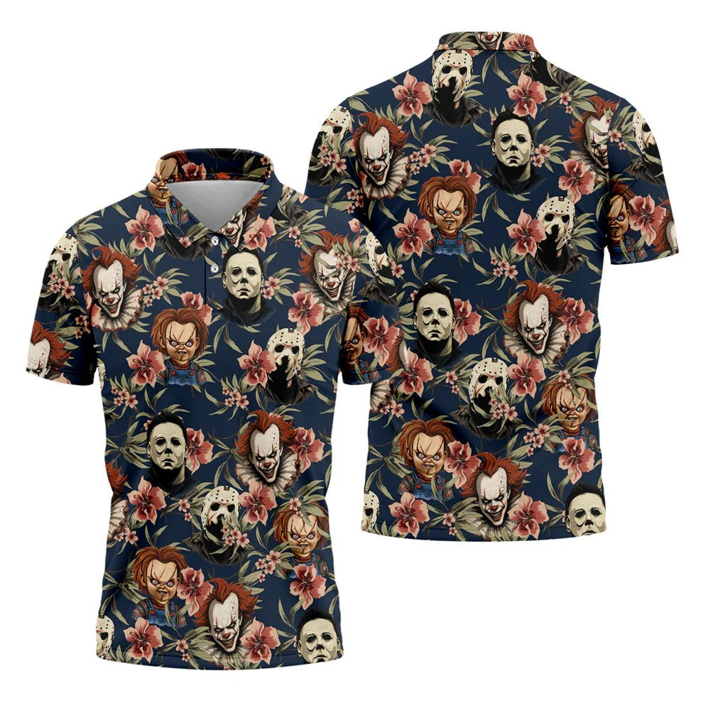 Gothic Floral Clown Doll Mask Hawaiian Polo, Golf Shirt For Men