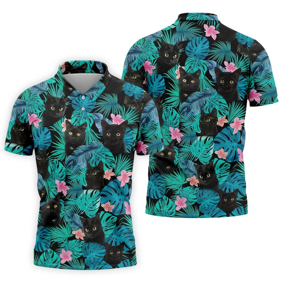 Black Cat Tropical Monstera Hawaiian Golf Polo Shirt, Hawaiian Golf Shirt, Golf Shirts For Men