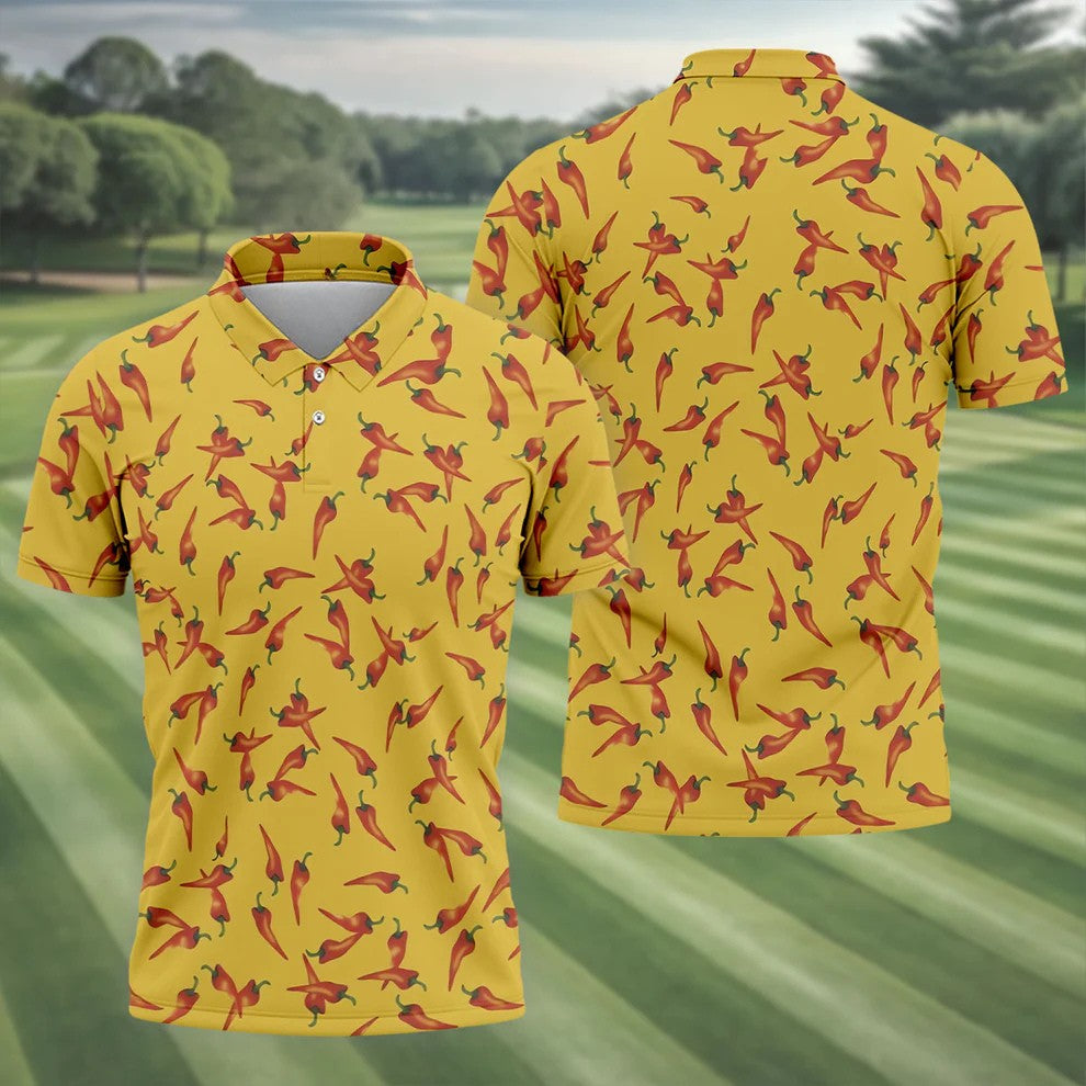 Red Chilli Yellow Hawaiian Golf Shirt, Summer Vibe Golf Shirts For Men, Polo Shirts For Men