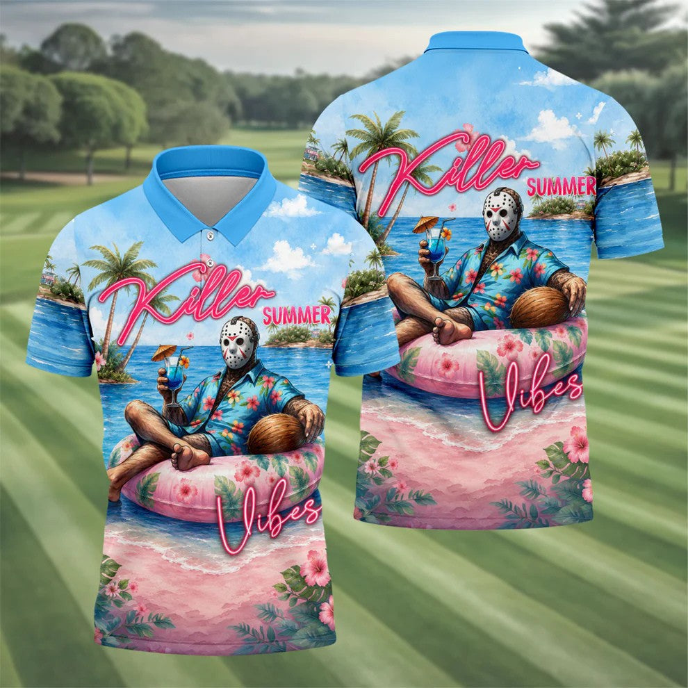 Killer Summer Vibes Mask Slasher Golf Polo Shirt, Mens Golf Polo, Printed Golf Shirts