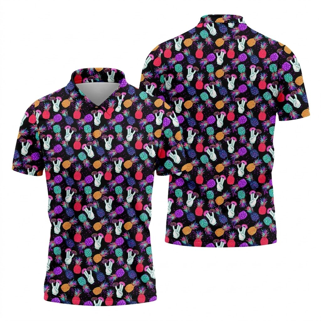 Hawaiian Pineapples Donut Finger Turquoise Orange Purple Fun Golf Shirts For Men, Polo Shirts For Men