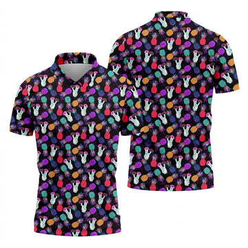Hawaiian Pineapples Donut Finger Turquoise Orange Purple Fun Golf Shirts For Men, Polo Shirts For Men