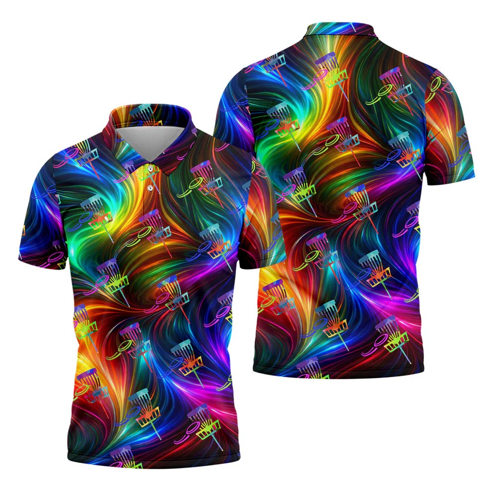 Colorful Disc Golf Basket Swirl Pattern Polo Shirt, Printed Golf Shirts, Hawaiian Golf Shirt, Mens Golf Apparel