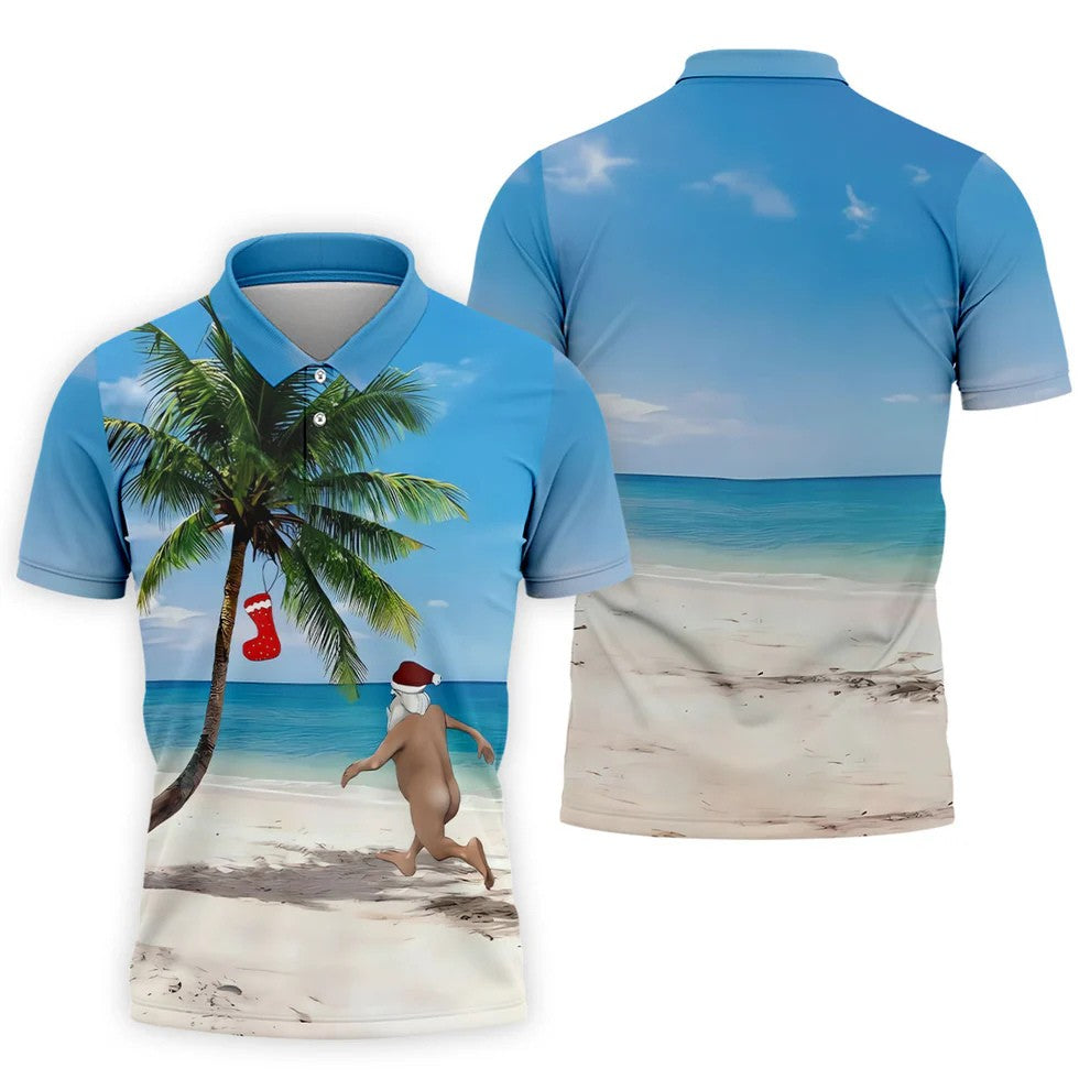 Funny Santa Running On Tropical Beach Christmas Golf Shirt, Men's Golf Shirt, Hawaiian Golf Shirt