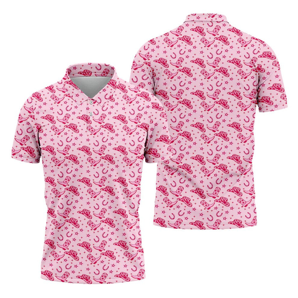 Pink Cowgirl Boots Hat Pattern Hawaiian Golf Shirt, Golf Polo Shirts For Men, Mens Golf Apparel