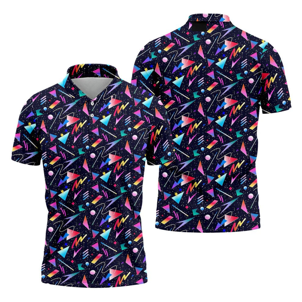 Retro Memphis Geometric Pattern Golf Polo Shirt, Men's Golf Polo, Golf Polo Shirts For Men