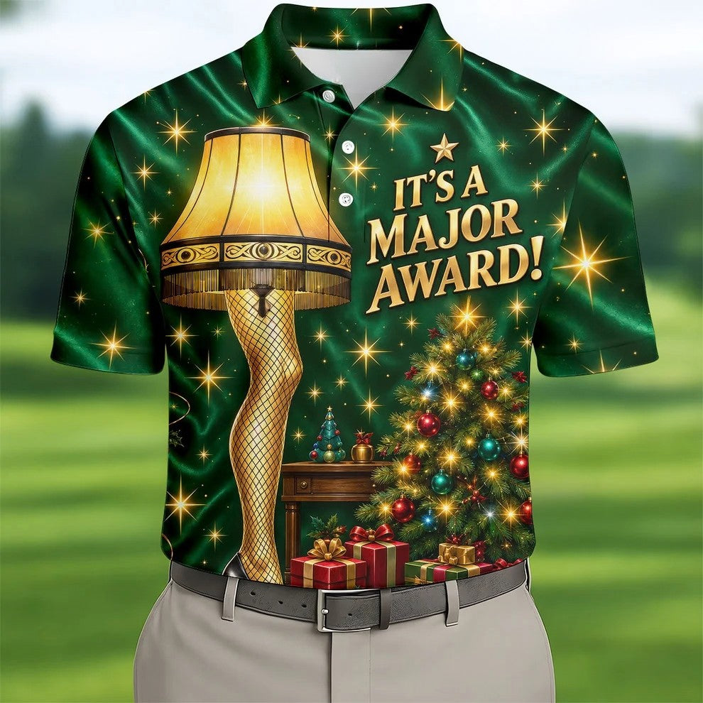 Major Award Leg Lamp Christmas Golf Polo Shirt, Mens Golf Shirts, Christmas Golf Shirt