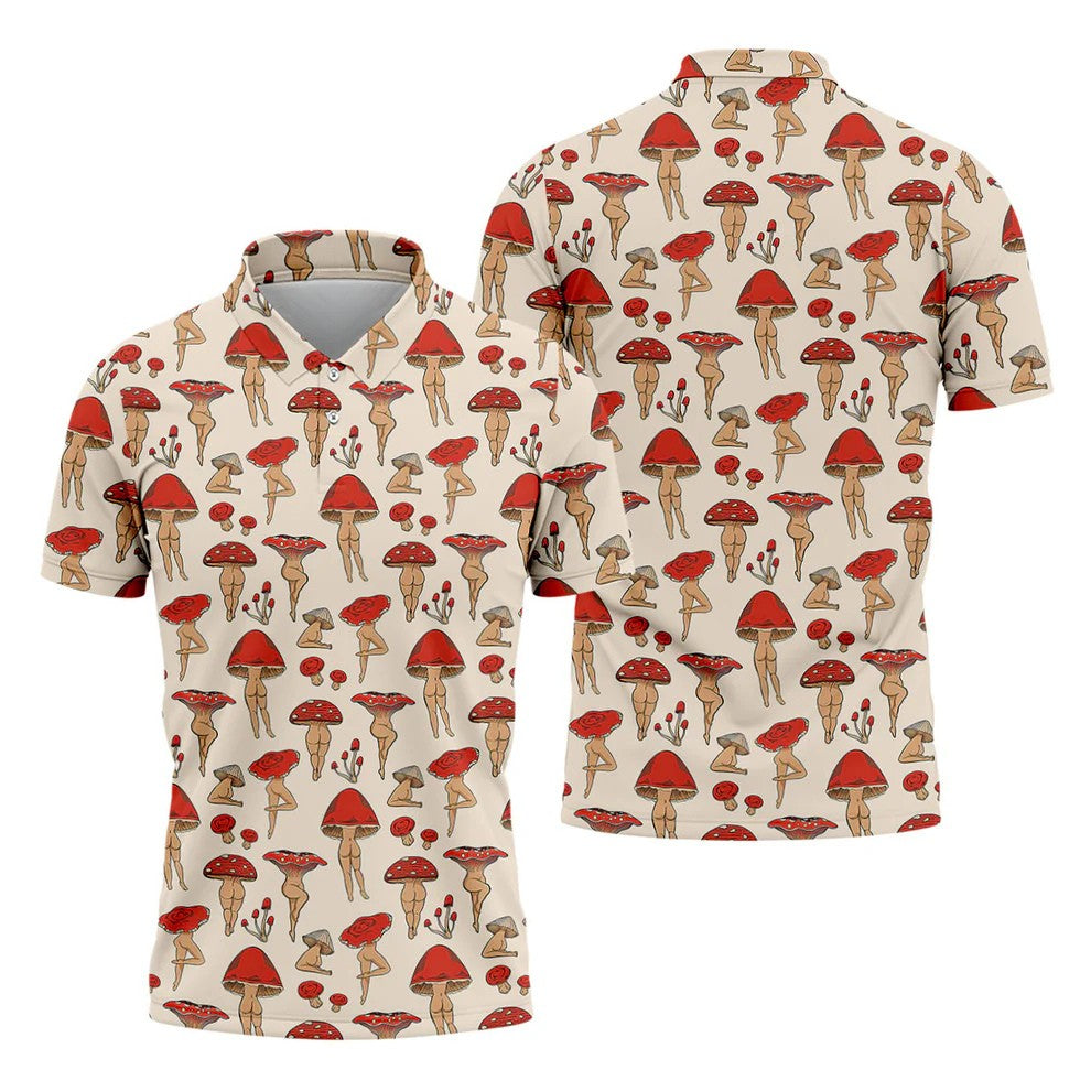 Vintage Mushroom Pin Up Pattern Hawaiian Golf Shirt, Mens Golf Shirts, Golf Apparel For Men