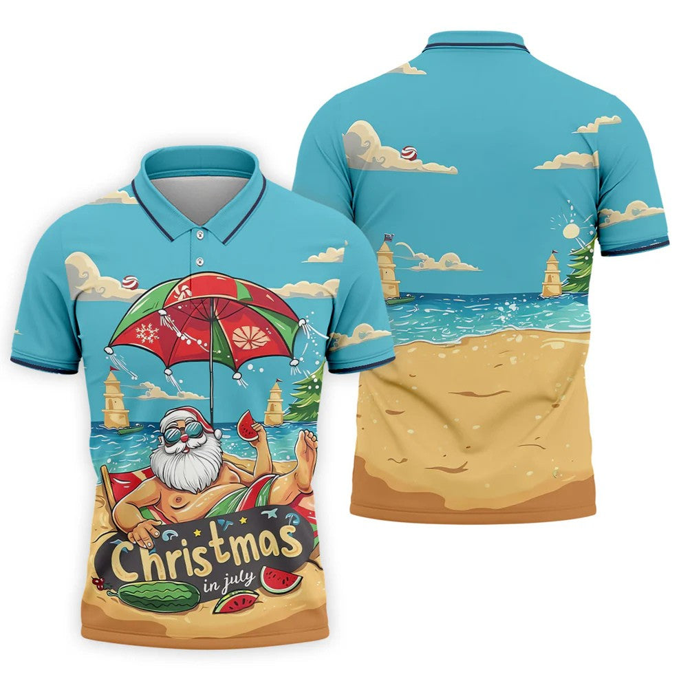 Christmas In July Santa Beach Christmas Golf Shirt, Men's Golf Shirt, Hawaiian Golf Shirt, Printed Golf Shirts