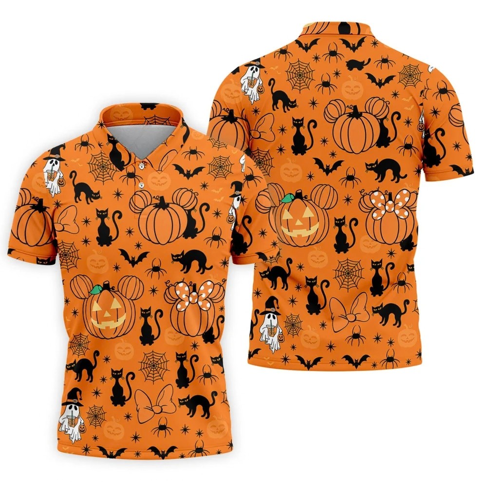 Black Cat and Pumpkin Halloween Polo Shirt, Golf Polo Apparel, Mens Golf Outfit