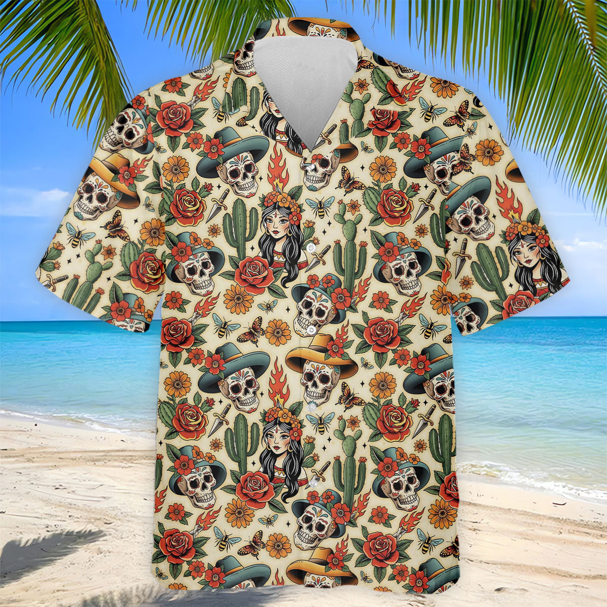 Day Of The Dead Sugar Skull Floral Polo Shirt, Mens Golf Polo, Hawaiian Golf Shirt