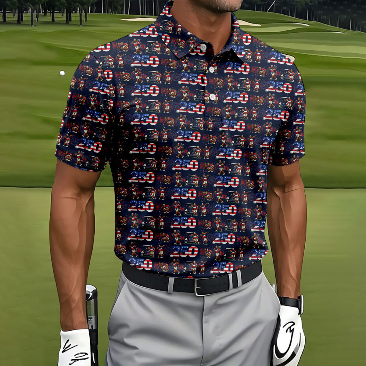 Funny Bigfoot Golf Pose Patriotic 4th Of July Black Golf Shirt, 250 Years Golf Shirts For Men