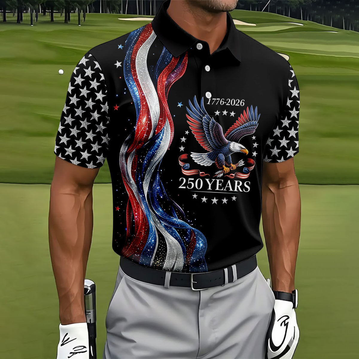 Bald Eagle Red White Blue Wavy Stripes Patriotic Golf Shirt, 250 Years 4th Of July Golf Shirts For Men