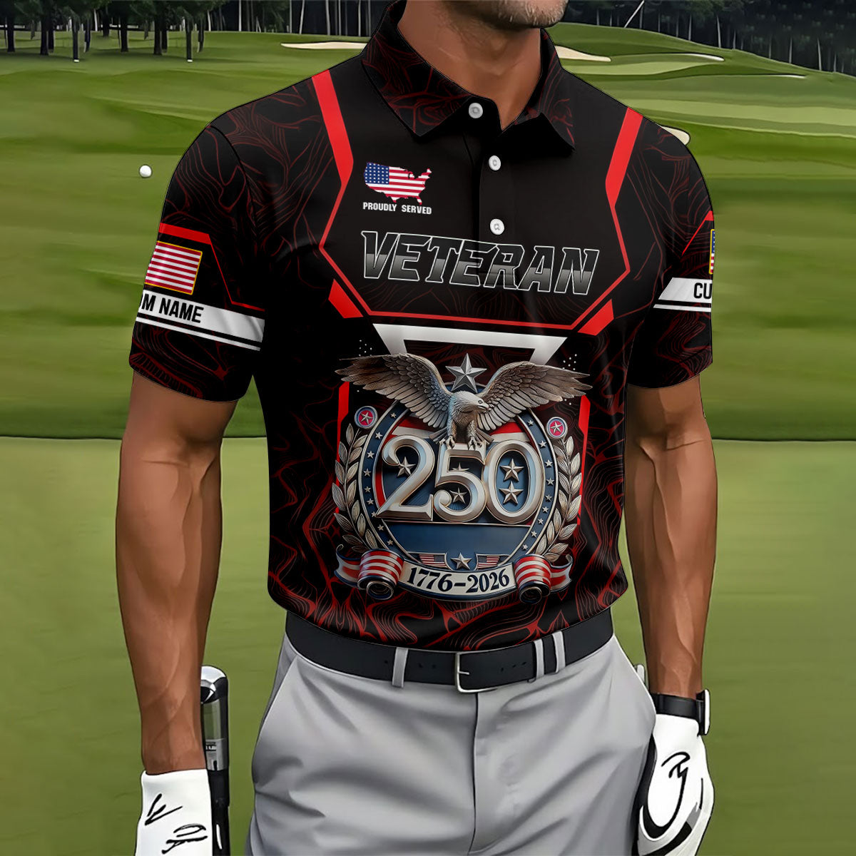 Personalized Veteran America 250 Polo Shirt Red Accent, Printed Golf Shirts, Golf Shirts For Men
