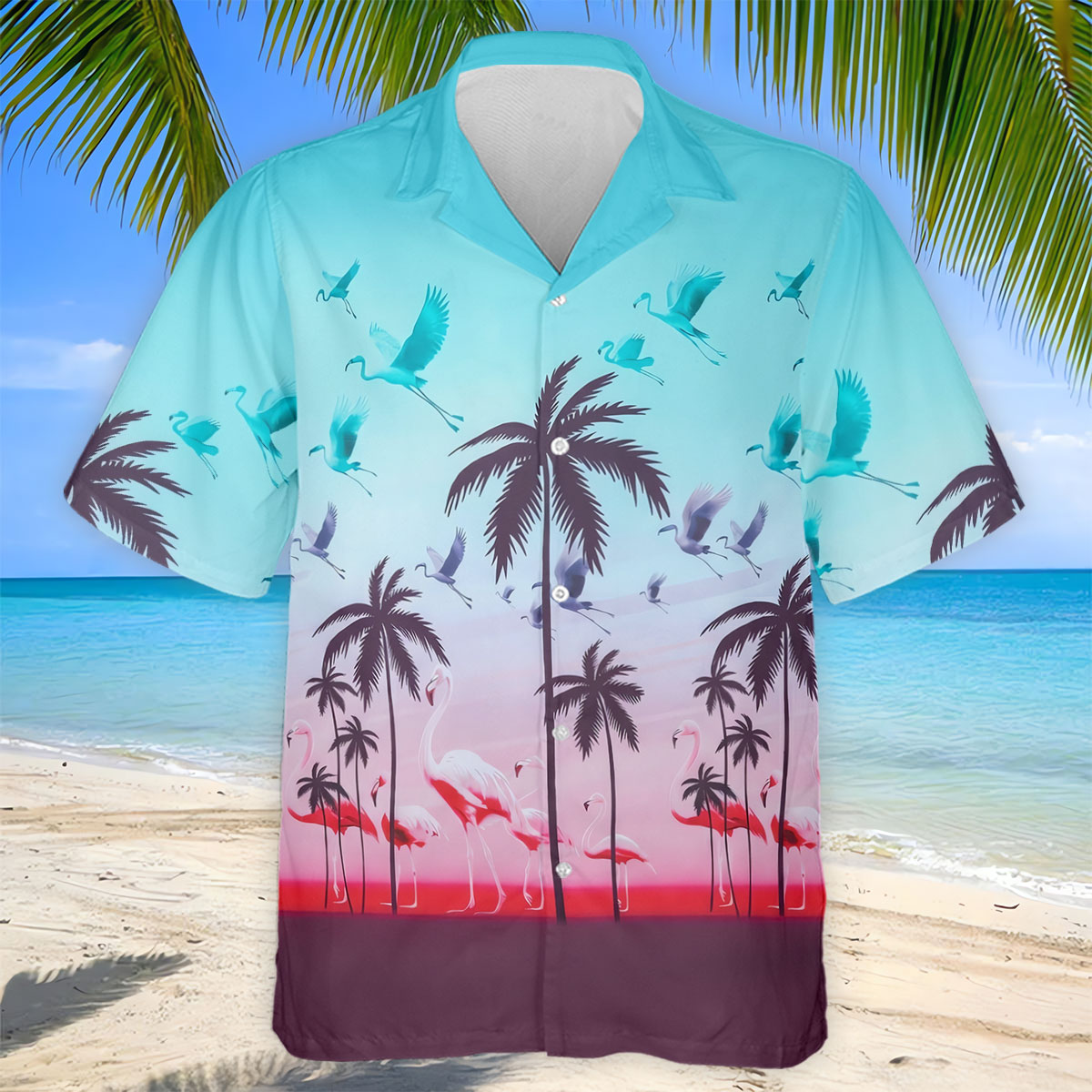 Tropical Flamingo Sunset Hawaiian Golf Shirt, Printed Golf Shirts, Golf Polo Shirts For Men