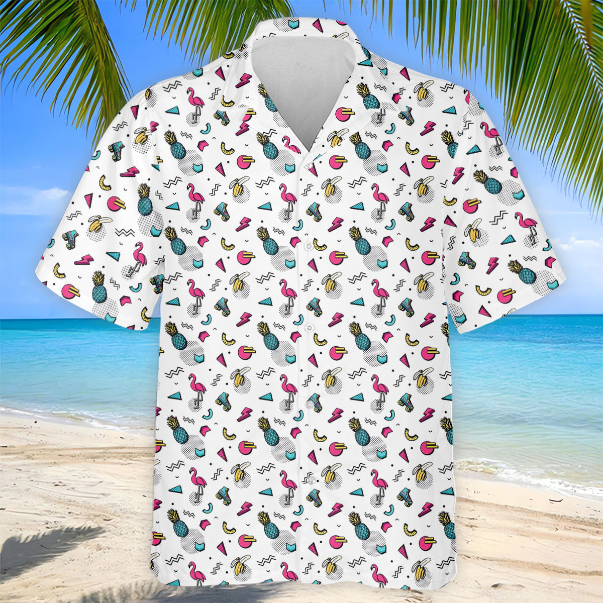 White Retro Summer Flamingo Pattern Golf Polo Shirt, Men's Golf Shirt, Golf Polo Shirts For Men