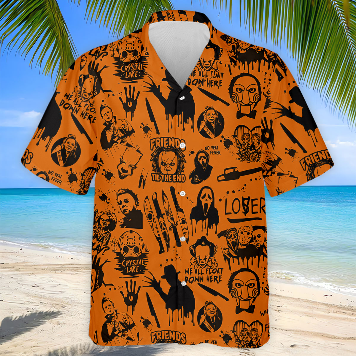 Orange Horror Character Icons Pattern Golf Polo Shirt for Halloween, Mens Golf Polo, Printed Golf Shirts