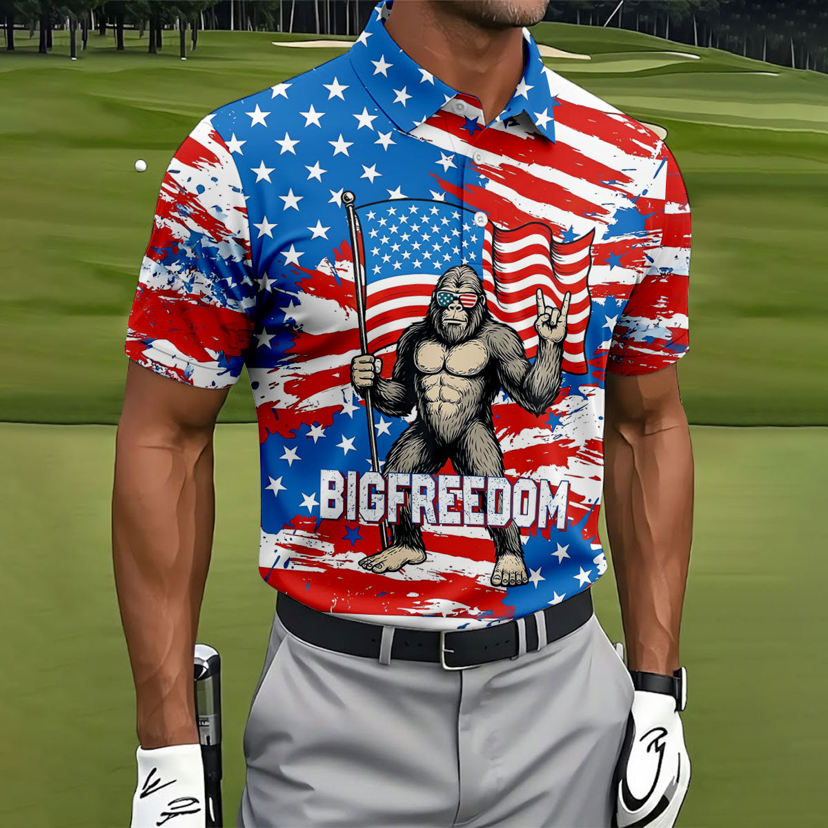 Bigfreedom Red White Blue Patriotic Bigfoot 4th Of July Golf Shirt, 250 Years Golf Shirts For Men