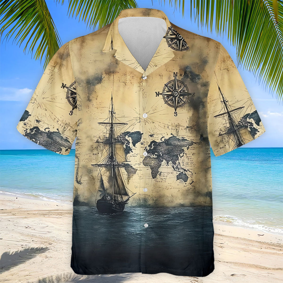 Vintage Ship Map Compass Ocean Golf Shirt, Hawaiian Golf Shirt, Mens Golf Shirts