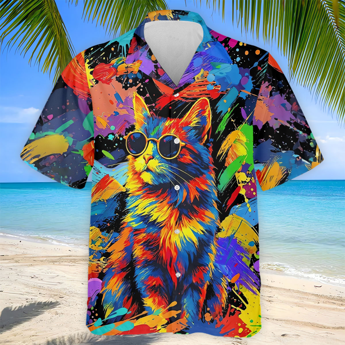 Colorful Cat Sunglasses Paint Splash Golf Shirt, Men's Golf Shirt, Golf Apparel For Men