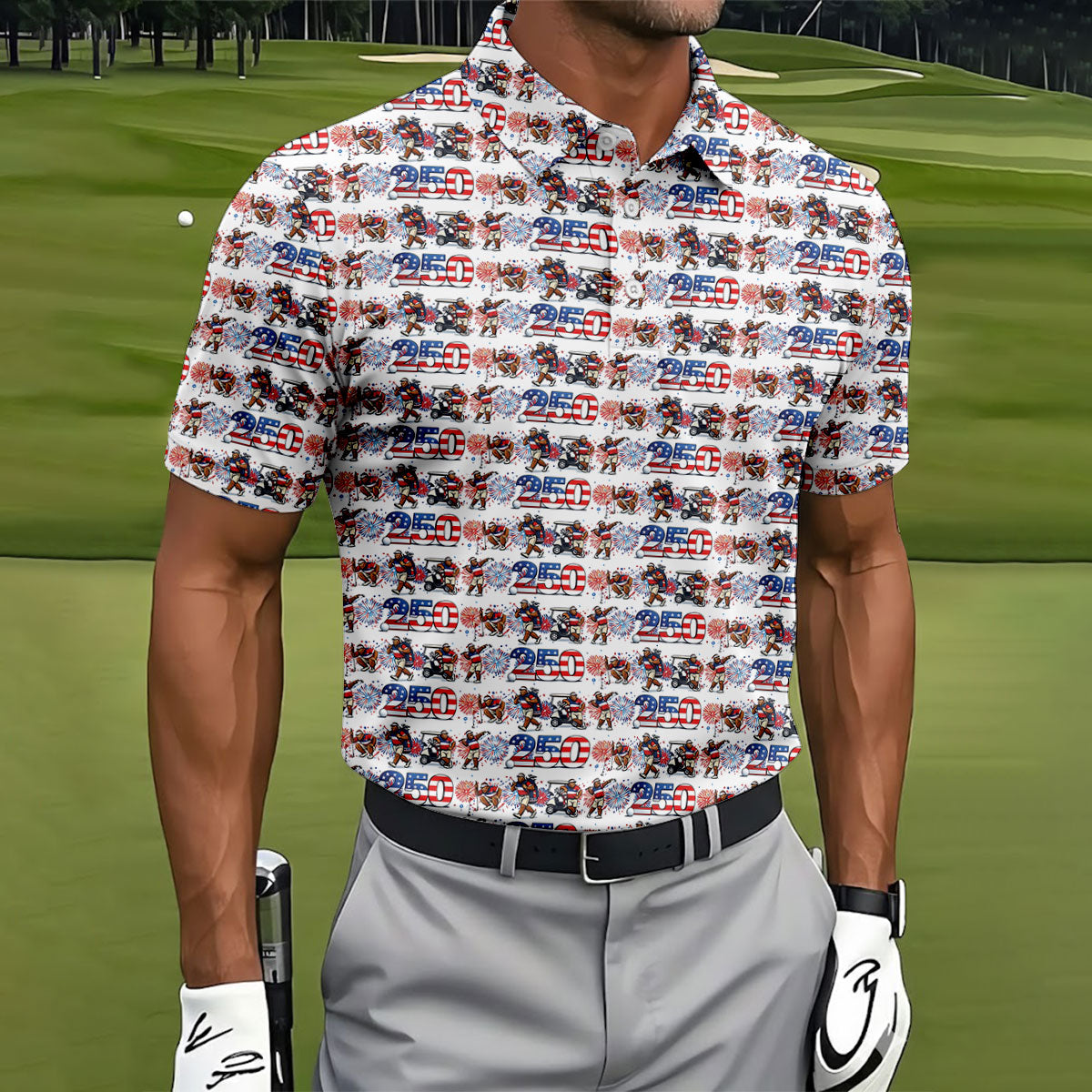 Funny Bigfoot Golf Pose Patriotic 4th Of July White Golf Shirt, 250 Years Golf Shirts For Men
