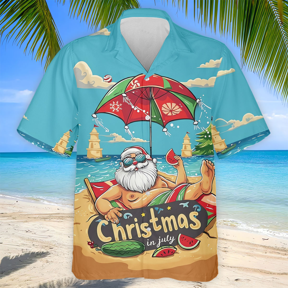 Christmas In July Santa Beach Christmas Golf Shirt, Men's Golf Shirt, Hawaiian Golf Shirt, Printed Golf Shirts
