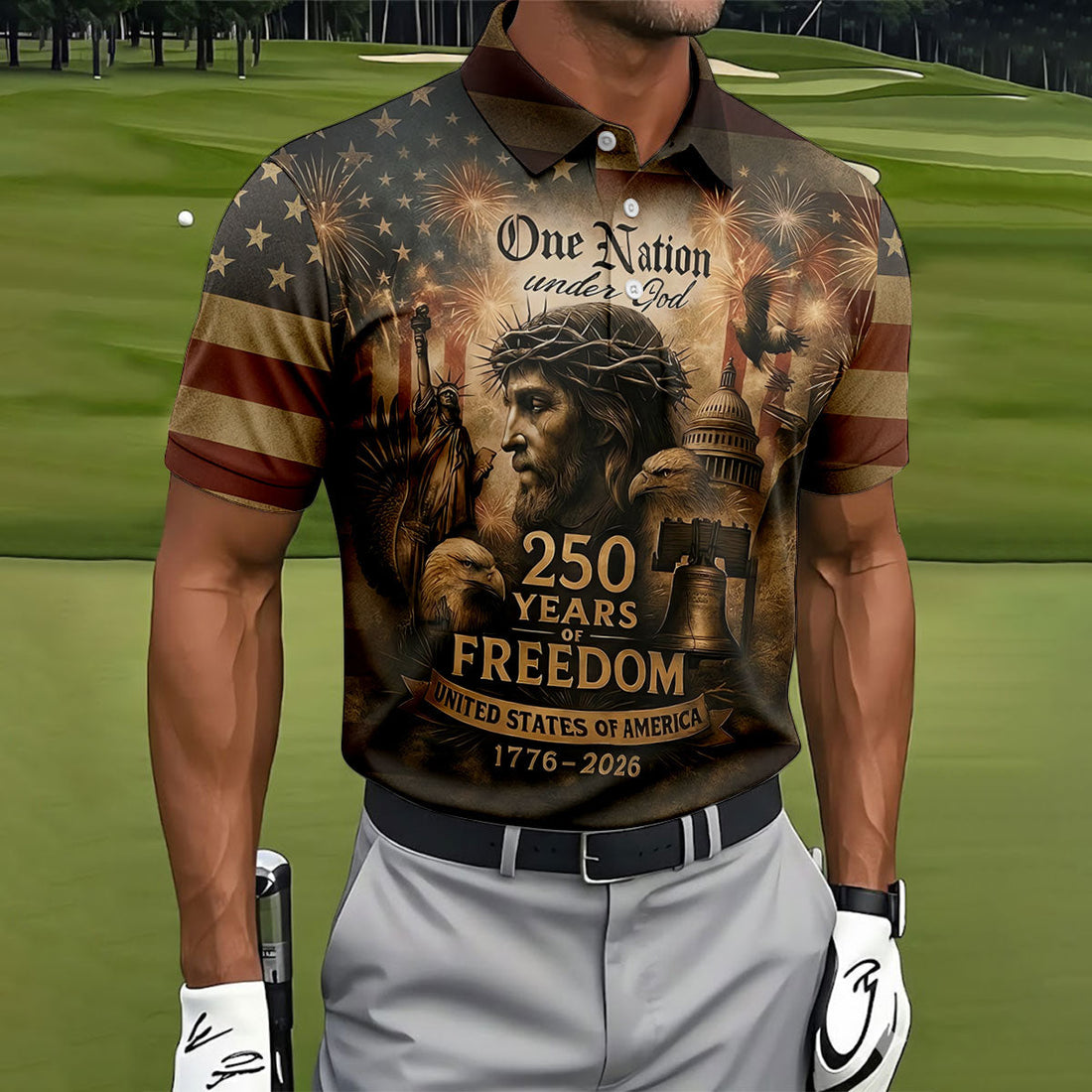 One Nation Under God America 250 Golf Polo Shirt, Hawaiian Golf Shirt, Golf Polo Shirts For Men
