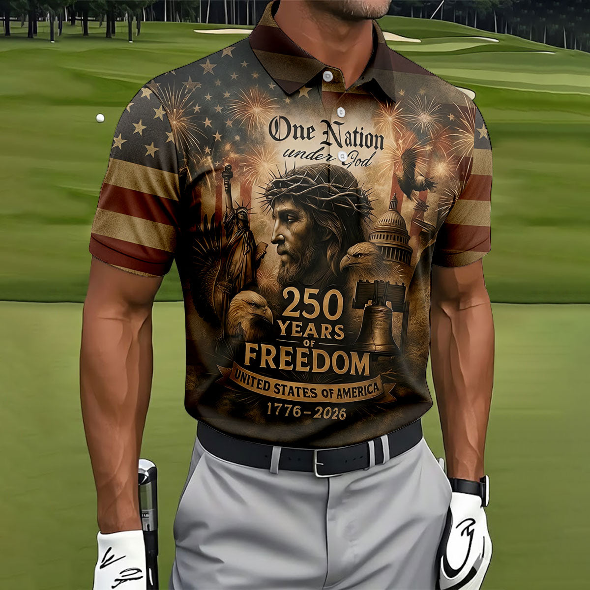 One Nation Under God America 250 Golf Polo Shirt, Hawaiian Golf Shirt, Golf Polo Shirts For Men