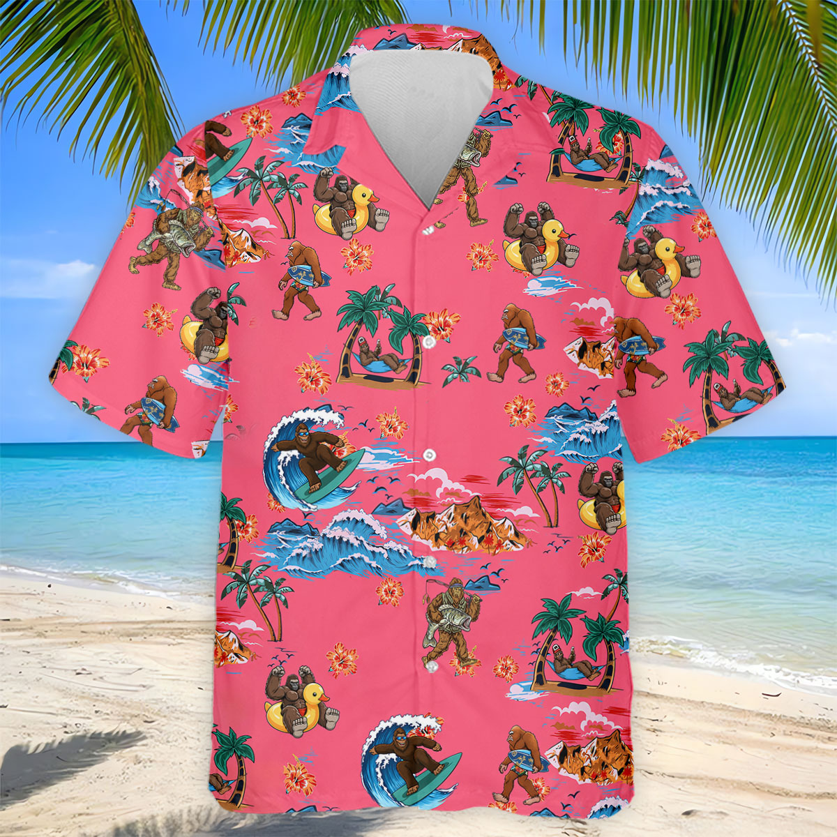 Pink Tropical Bigfoot Hawaiian Golf Polo Shirt, Men's Golf Shirt, Golf Polo Shirts For Men