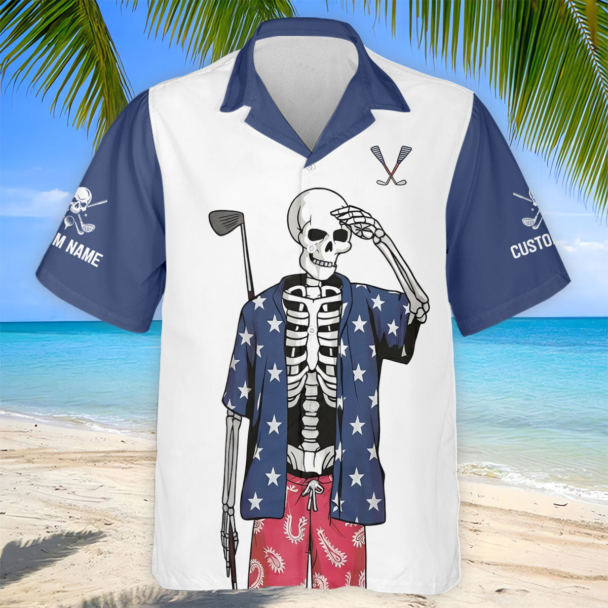 Skeleton Golf White Navy 4th Of July Patriotic Golf Shirt, 250 Years Golf Shirts For Men