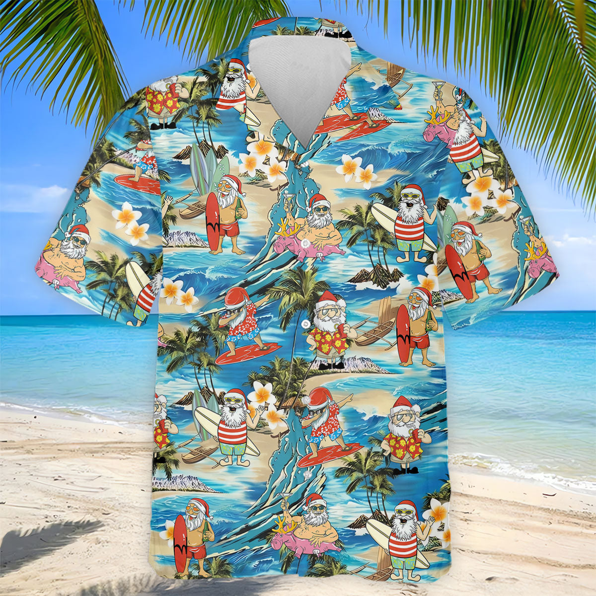 Men's Tropical Santa Surf Vacation Men's Golf Shirt, Christmas Golf Shirt, Golf Apparel For Men