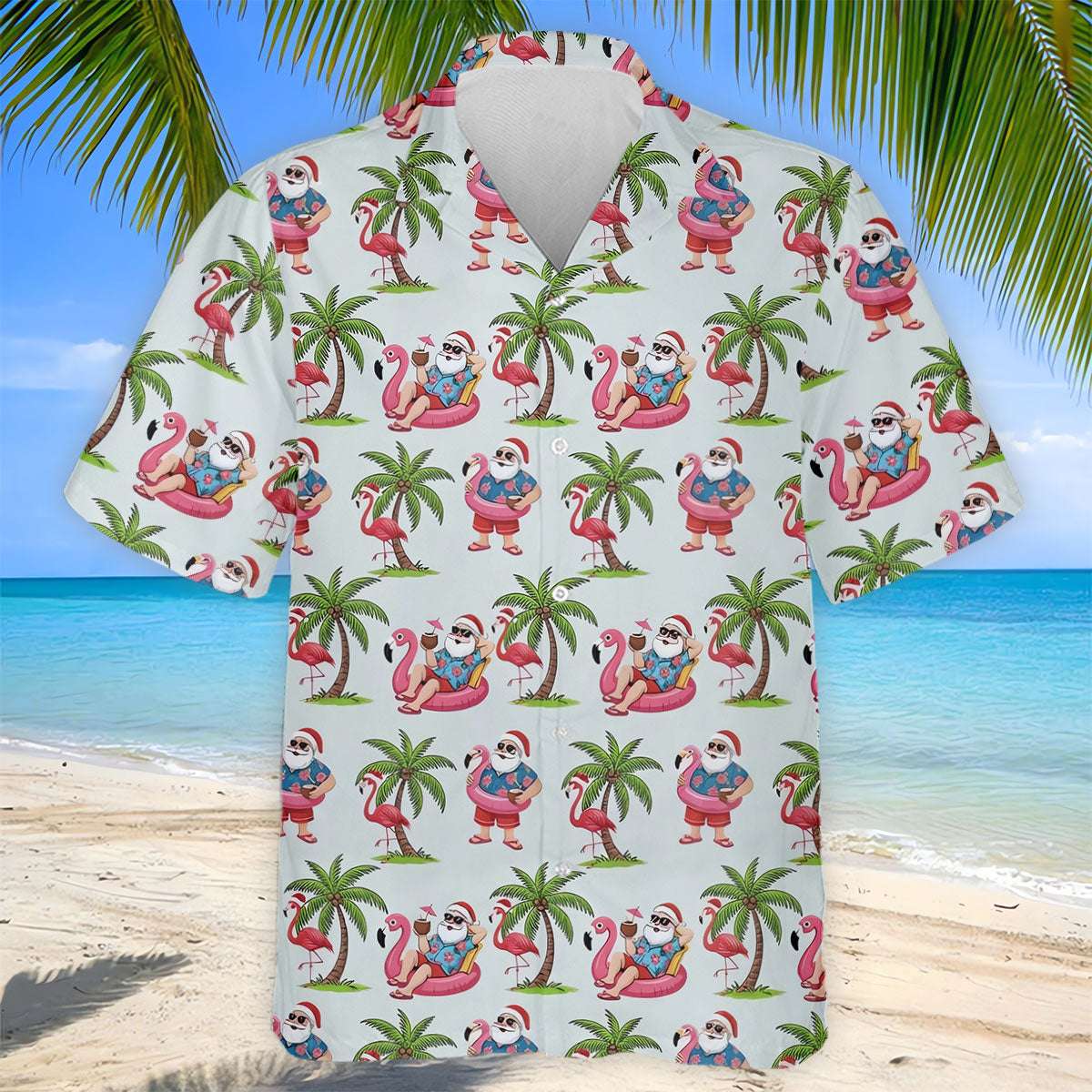 Tropical Santa Flamingo Beach Golf Polo, Christmas Golf Shirt, Golf Apparel For Men
