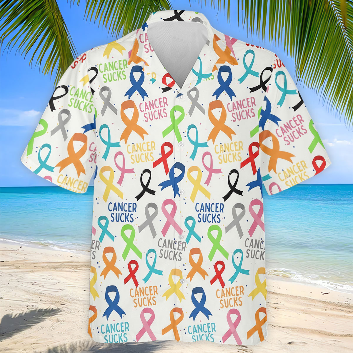 Cancer Sucks Multicolor Awareness Ribbon Polo Shirt, Mens Golf Polo, Printed Golf Shirts