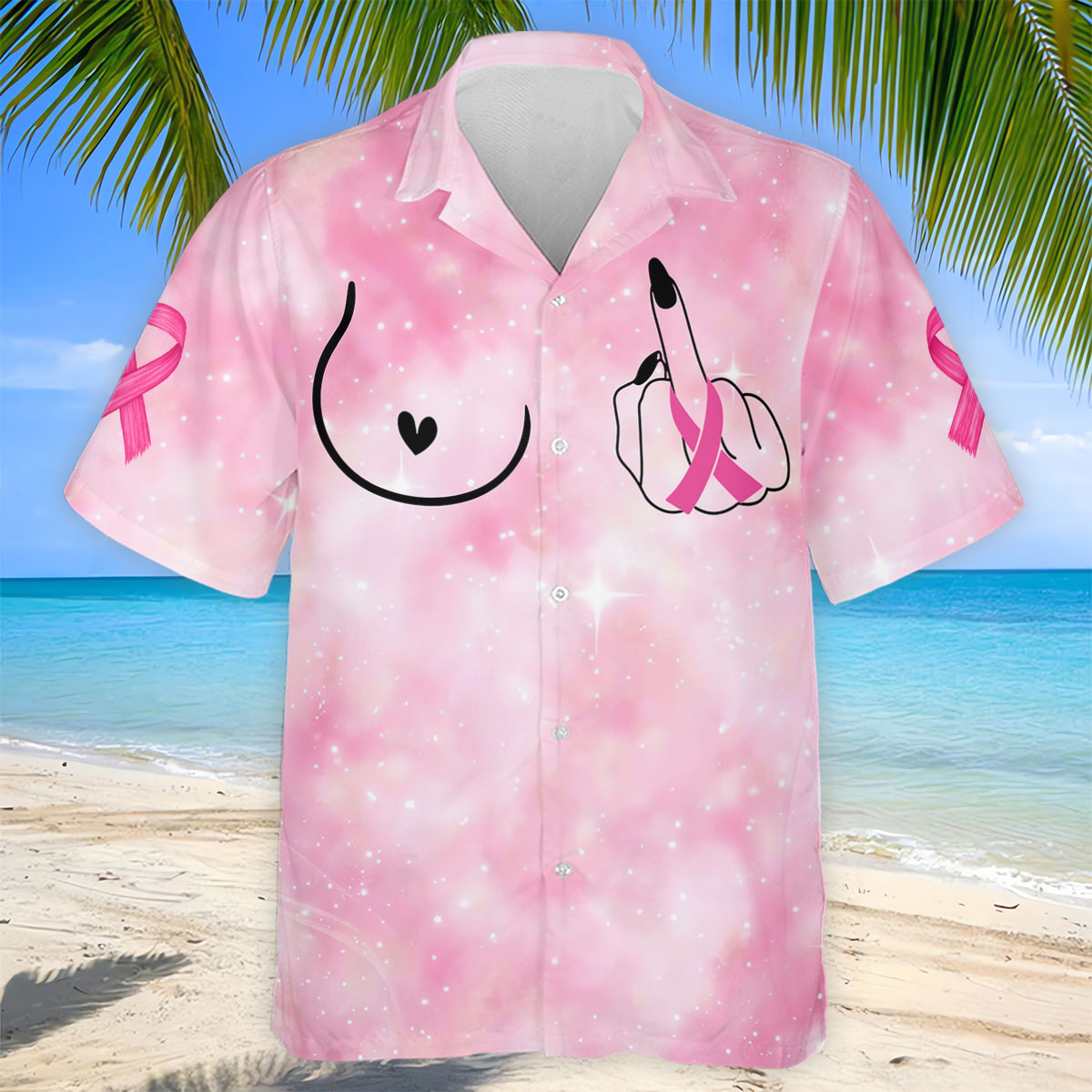 Pink Ribbon Middle Finger Breast Cancer Polo Shirt, Mens Golf Polo, Printed Golf Shirts